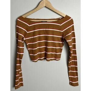 Wild Fable Striped Long Sleeve Crop Top Brown White Red Ribbed Knit Size Large